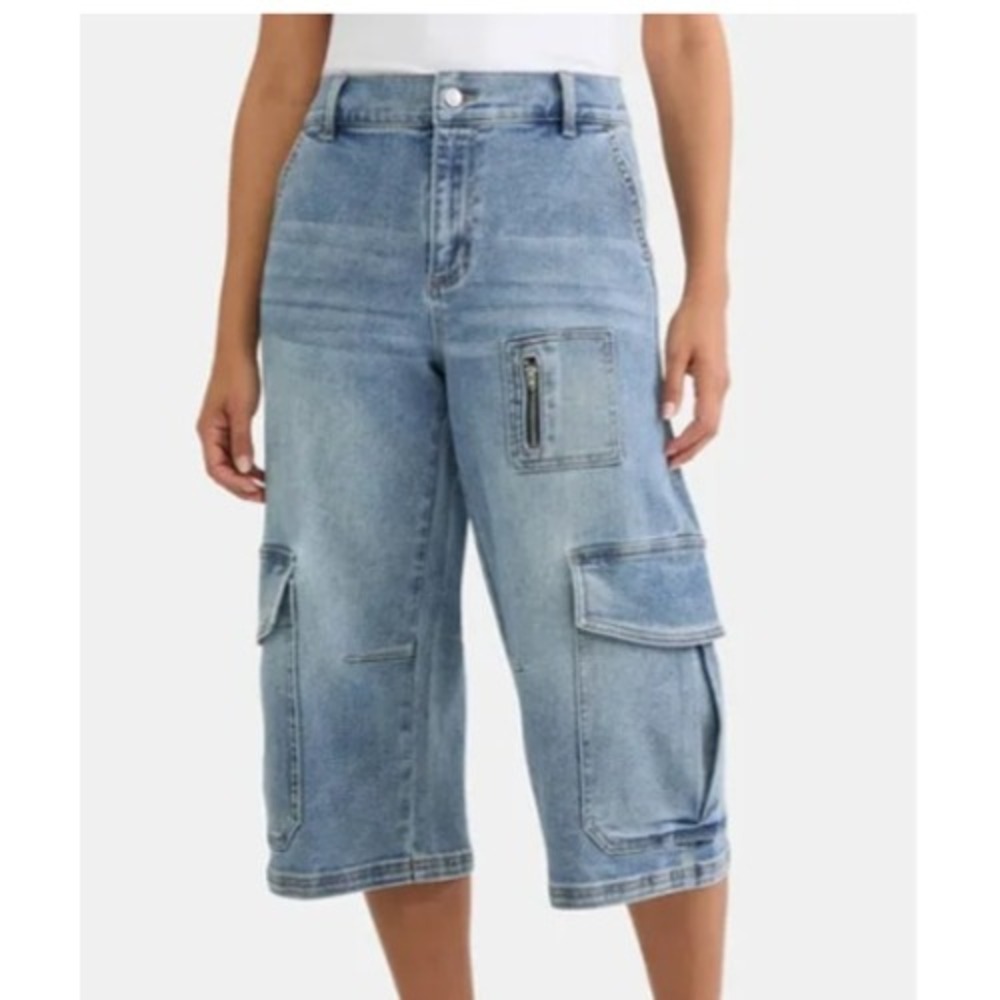 Light Wash Denim Cargo‎ Capri Pants Wide Leg Utility Jeans with Zip Pocket 671